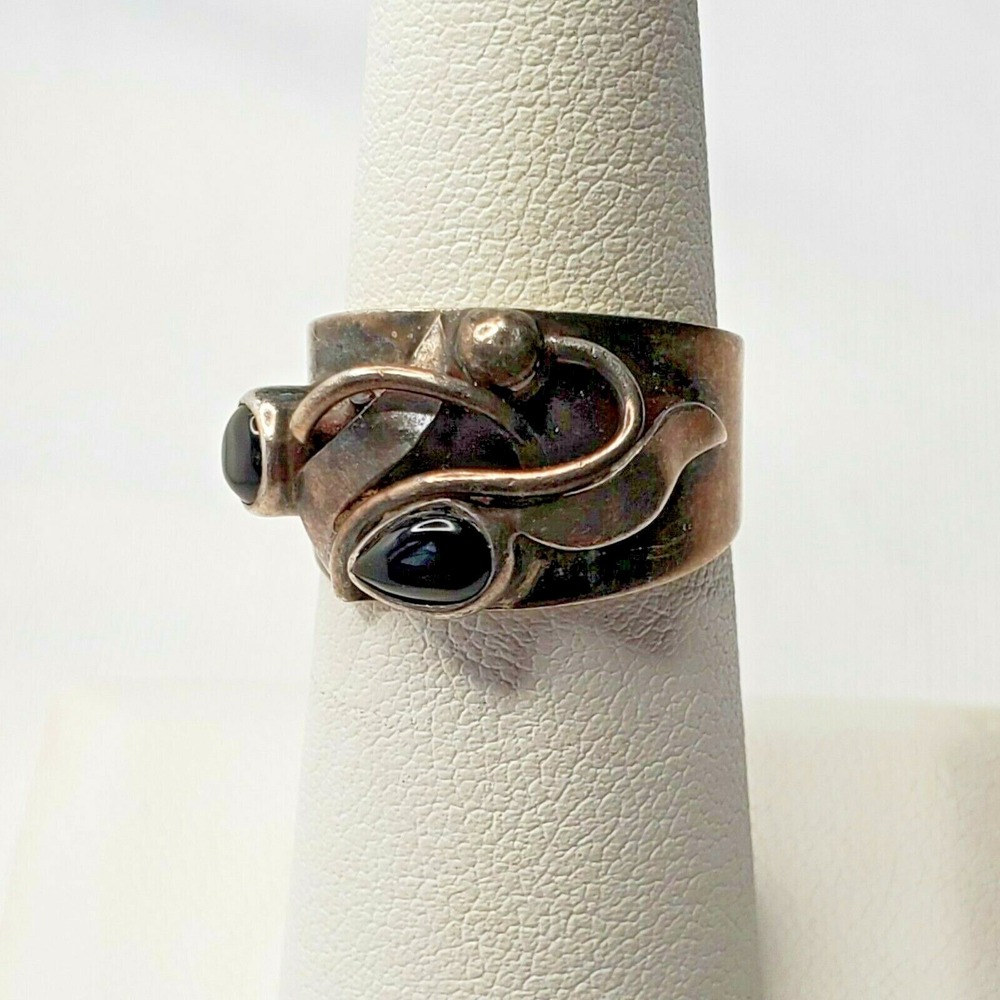 Vintage 925 Sterling Silver Abstract Vine Black Onyx Buds Design Ring Size 6.75 - Picture 9 of 12